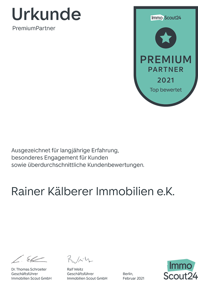 Urkunde Premium Partner IS24 für 2021